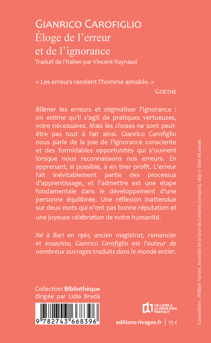 Eloge de l'erreur et de l'ignorance - Gianrico Carofiglio - RIVAGES