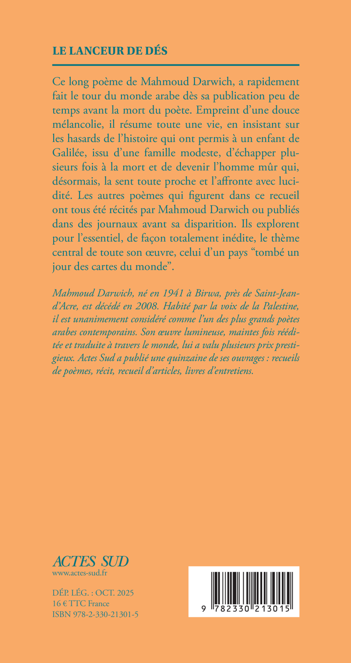 Le Lanceur de dés et autres poèmes - Mahmoud Darwich - ACTES SUD